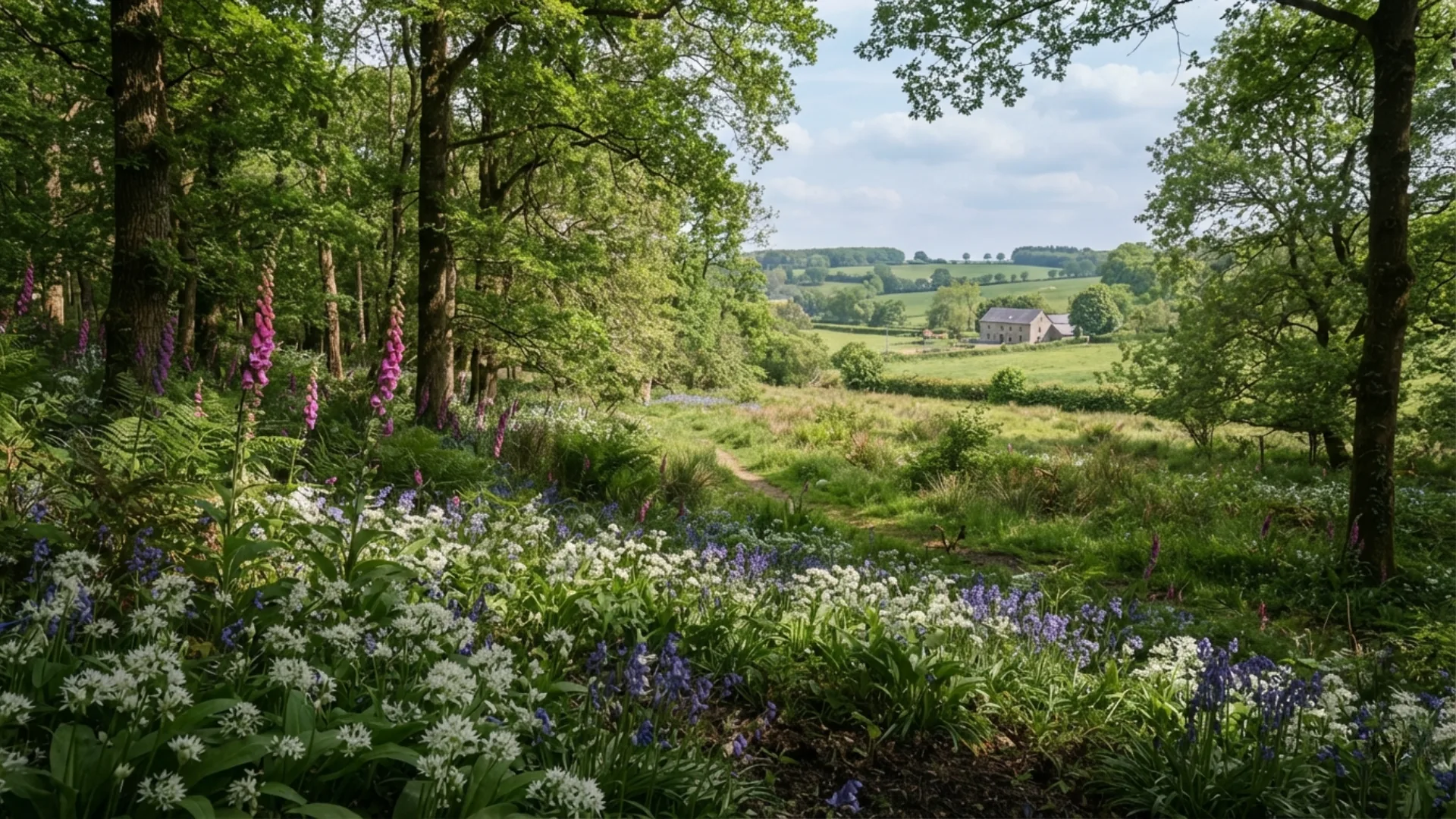 Sous-bois et prairie fleurie en Belgique, avec ail des ours, jacinthes des bois et digitales pourpres